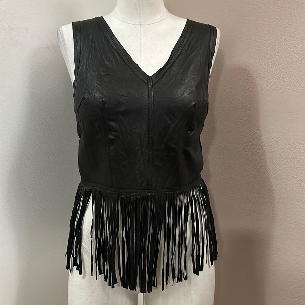 ILIA Black Fringe Vest Leather and Linen
